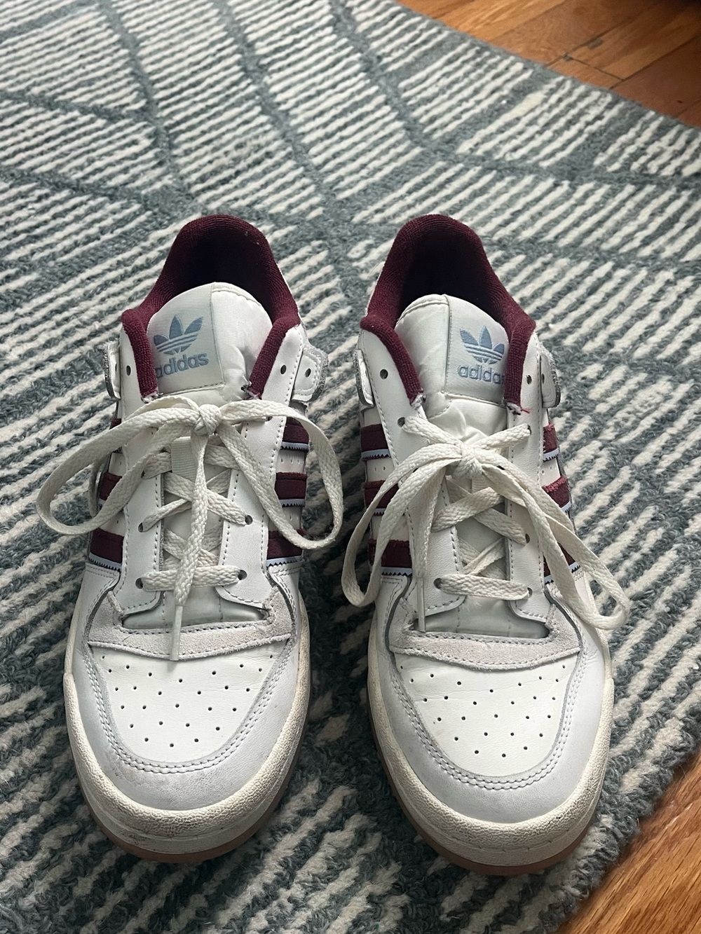 adidas Forum Low CL sneakers. White Leather Trainers with Burgundy Accents